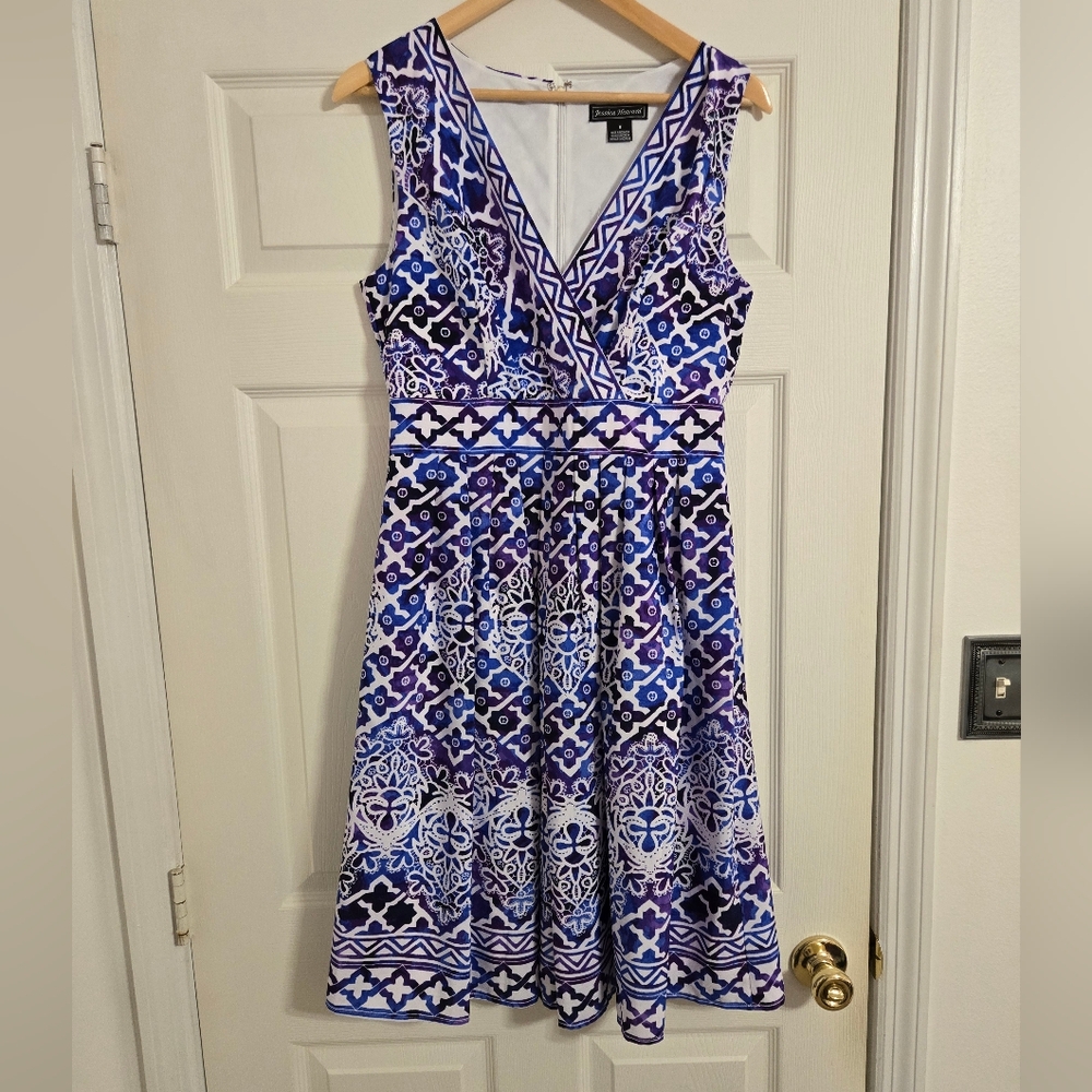 Jessica Howard Blue, White and Purple Printed V-Neck Fit-and-Flare Dress